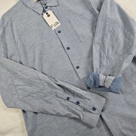 Folk Mens Button Up Shirt Blue Long Sleeve Elbow Patch NEW 6 XXL Business Casual - Picture 6 of 12